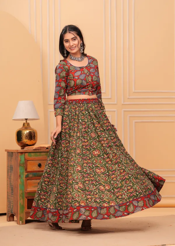 Dharohar_Blockprinted_Green_&_Red_Lehanga_Choli_Set