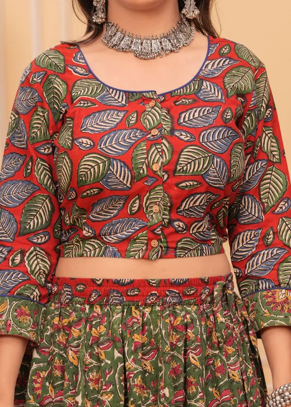 Dharohar_Blockprinted_Green_&_Red_Lehanga_Choli_Set