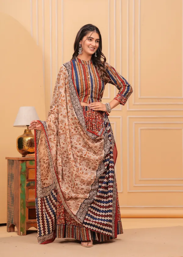 Dharohar_Blockprinted_Red_&_Beige_Lehanga_Choli_Set