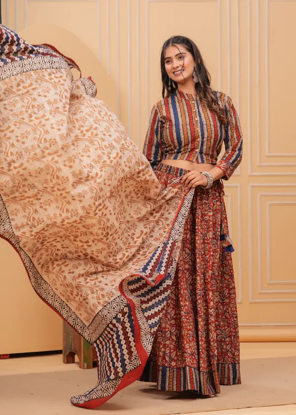 Dharohar_Blockprinted_Red_&_Beige_Lehanga_Choli_Set