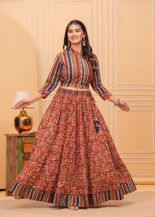 Dharohar_Blockprinted_Red_&_Beige_Lehanga_Choli_Set