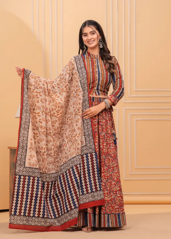 Dharohar_Blockprinted_Red_&_Beige_Lehanga_Choli_Set