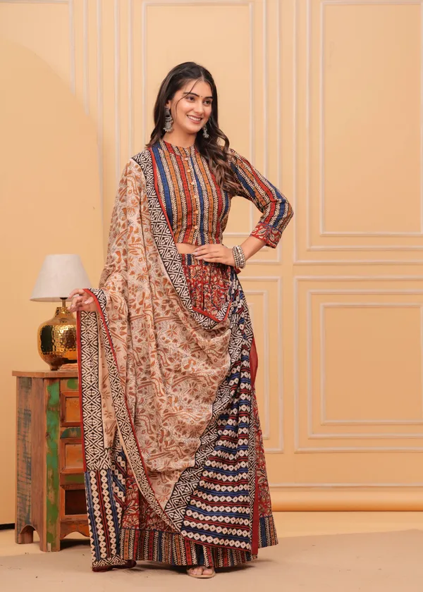 Dharohar_Blockprinted_Red_&_Beige_Lehanga_Choli_Set
