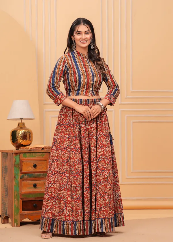 Dharohar_Blockprinted_Red_&_Beige_Lehanga_Choli_Set