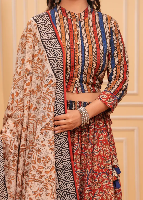 Dharohar_Blockprinted_Red_&_Beige_Lehanga_Choli_Set