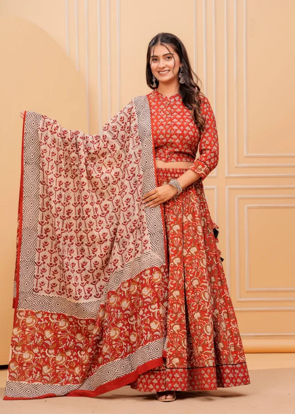 Dharohar_Blockprinted_Scarlet_Red_Lehanga_Choli_Set