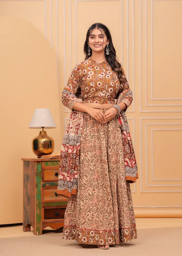 Dharohar_Blockprinted_Subtle_Brown_Lehanga_Choli_Set