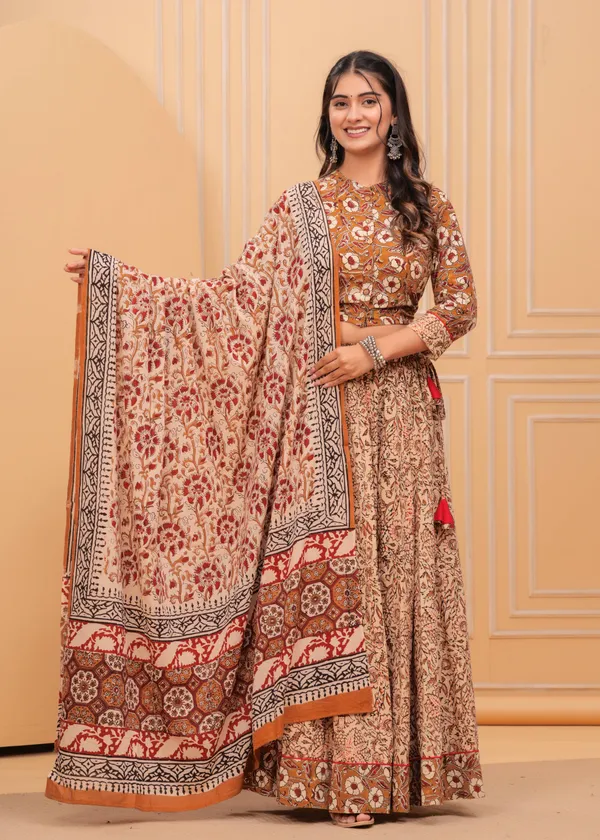 Dharohar_Blockprinted_Subtle_Brown_Lehanga_Choli_Set
