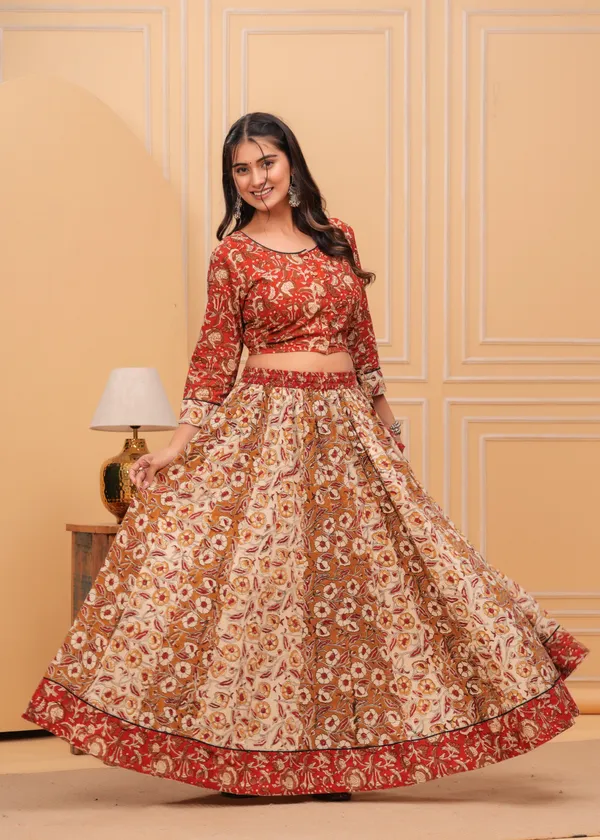 Dharohar_Blockprinted_Woody_Brown_Lehanga_Choli_Set