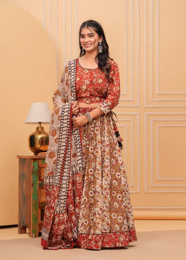 Dharohar_Blockprinted_Woody_Brown_Lehanga_Choli_Set