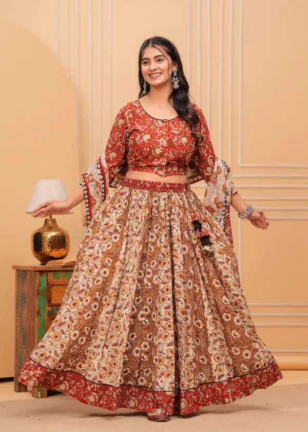 Dharohar_Blockprinted_Woody_Brown_Lehanga_Choli_Set