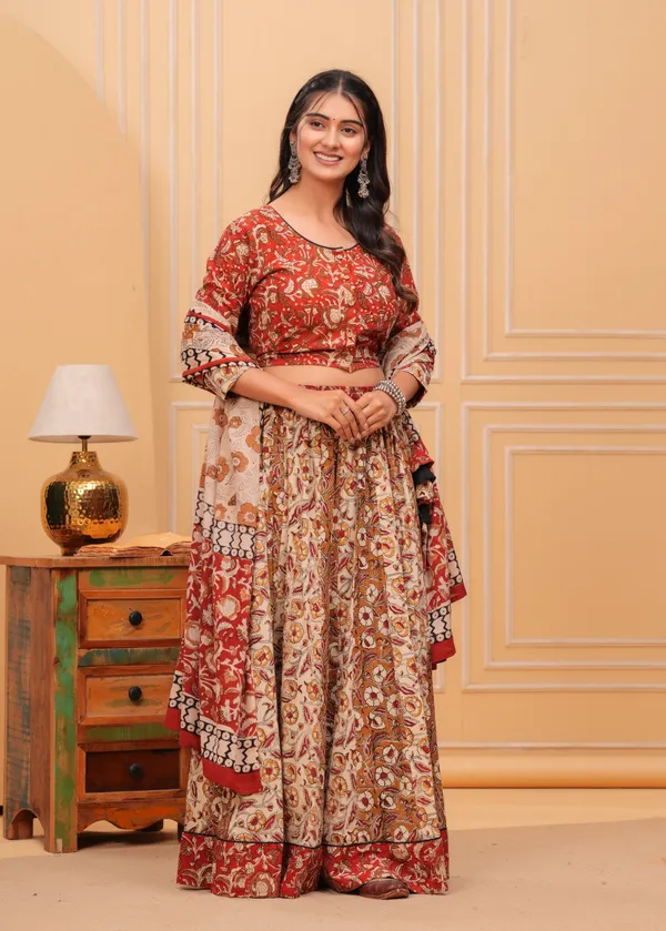 Dharohar_Blockprinted_Woody_Brown_Lehanga_Choli_Set