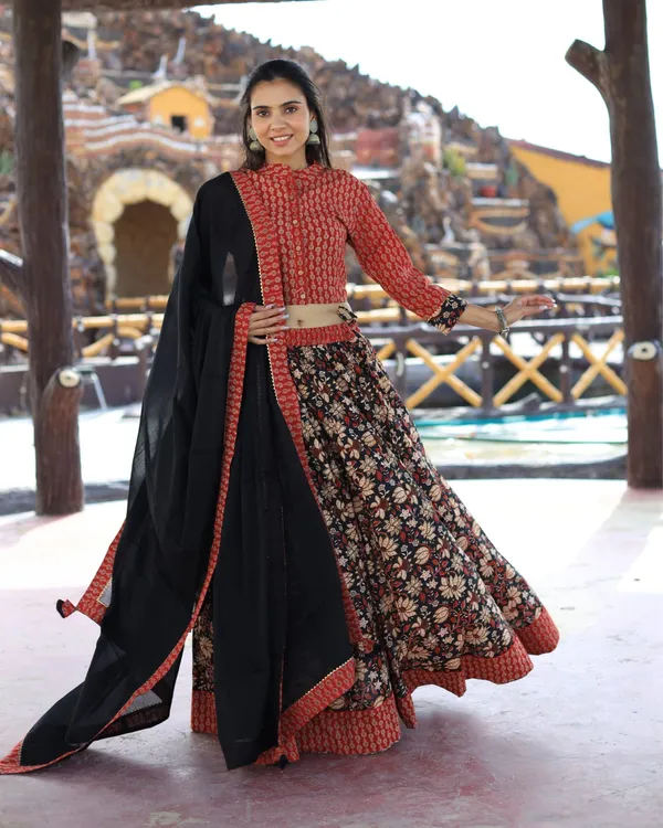 Dharohar_Pure_Cotton_Brown_&_Black_Stitched_Lehanga
