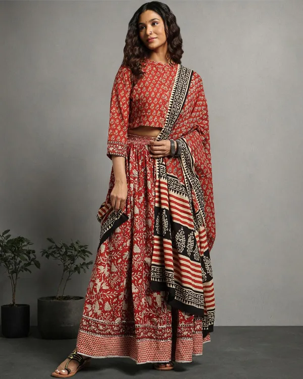 Dharohar_Pure_Cotton_Crimson_Red_Stitched_Lehanga