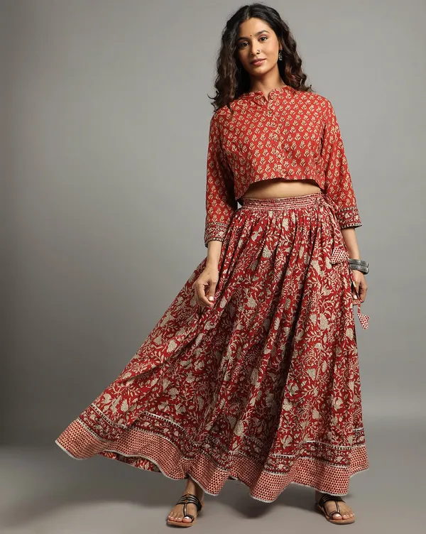 Dharohar_Pure_Cotton_Crimson_Red_Stitched_Lehanga