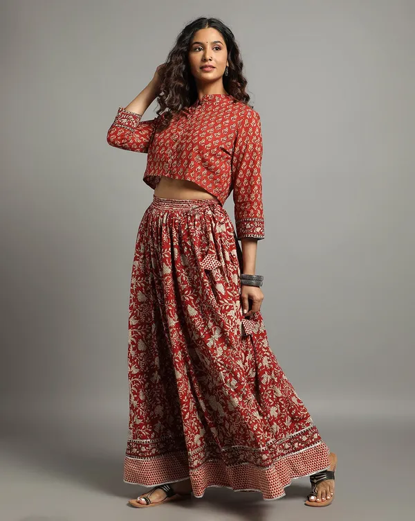 Dharohar_Pure_Cotton_Crimson_Red_Stitched_Lehanga