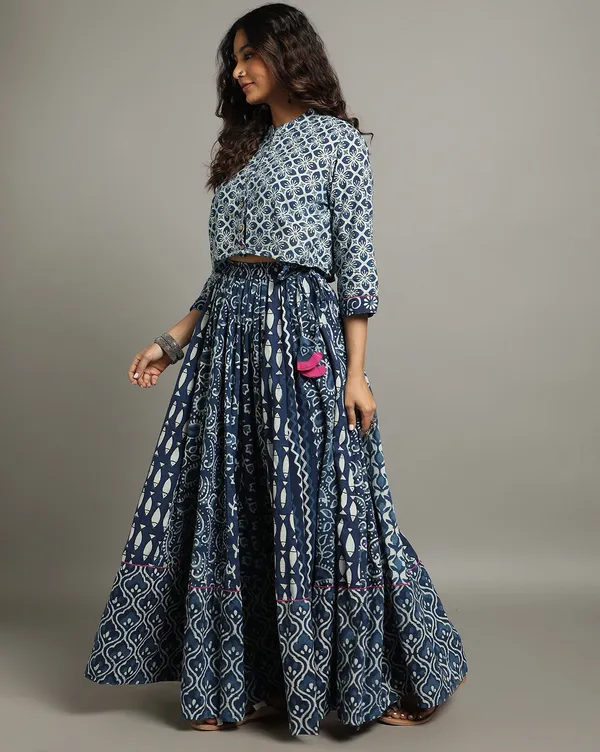 Dharohar_Pure_Cotton_Vivid_Indigo_Stitched_Lehanga