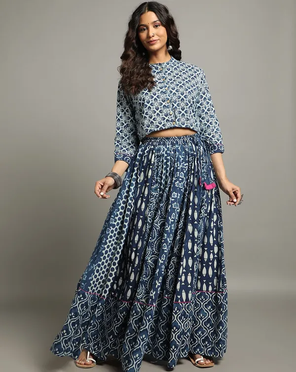 Dharohar_Pure_Cotton_Vivid_Indigo_Stitched_Lehanga