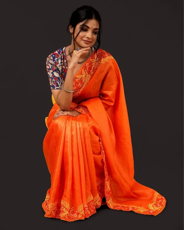 Living_Lux_Orange_Tussar_Cutwork_Saree
