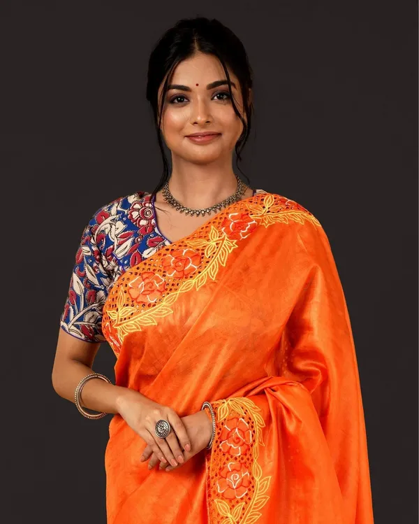 Living_Lux_Orange_Tussar_Cutwork_Saree