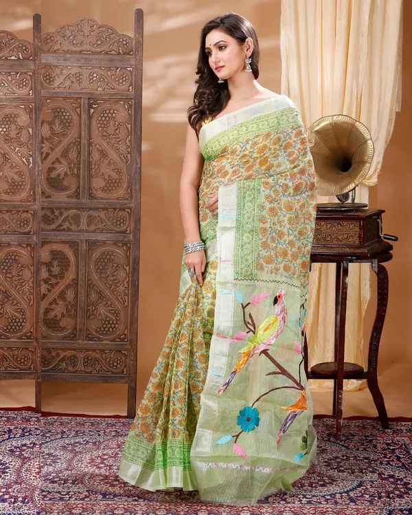 Macaw_Love_Green_Floral_Print_Saree