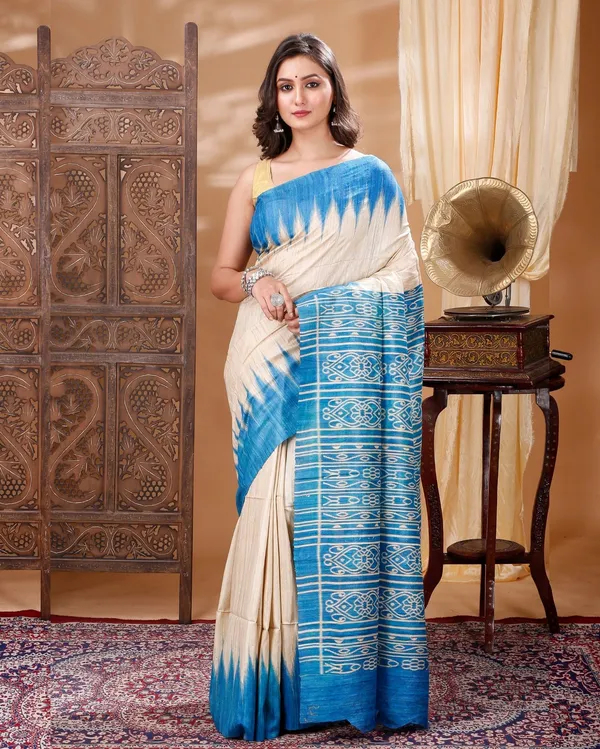 Madhuban_Ki_Kushboo_Beige_&_Blue_Tussar_Silk_Saree