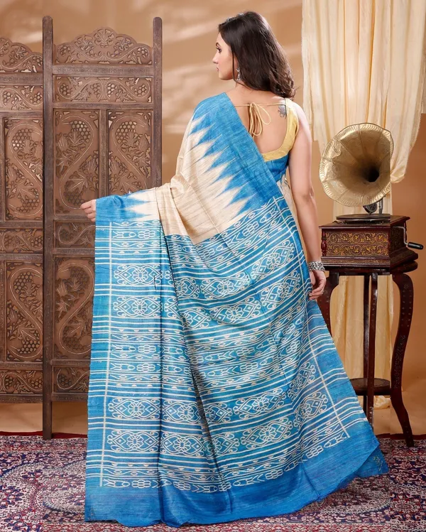 Madhuban_Ki_Kushboo_Beige_&_Blue_Tussar_Silk_Saree
