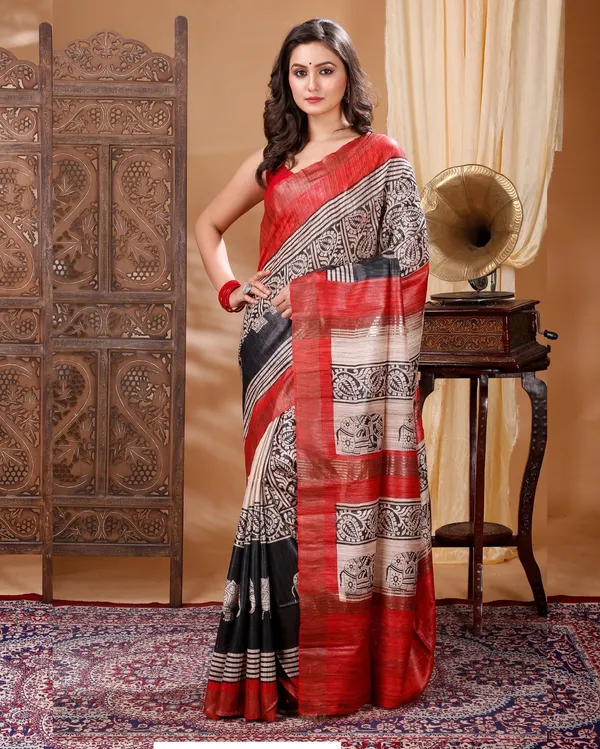 Madhuban_Ki_Kushboo_Black_&_Cream_Tussar_Silk_Saree