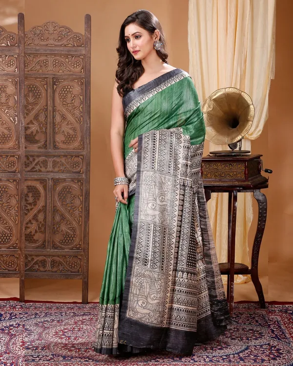 Madhuban_Ki_Kushboo_Green_&_Black_Tussar_Silk_Saree