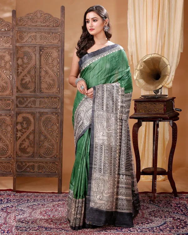 Madhuban_Ki_Kushboo_Green_&_Black_Tussar_Silk_Saree