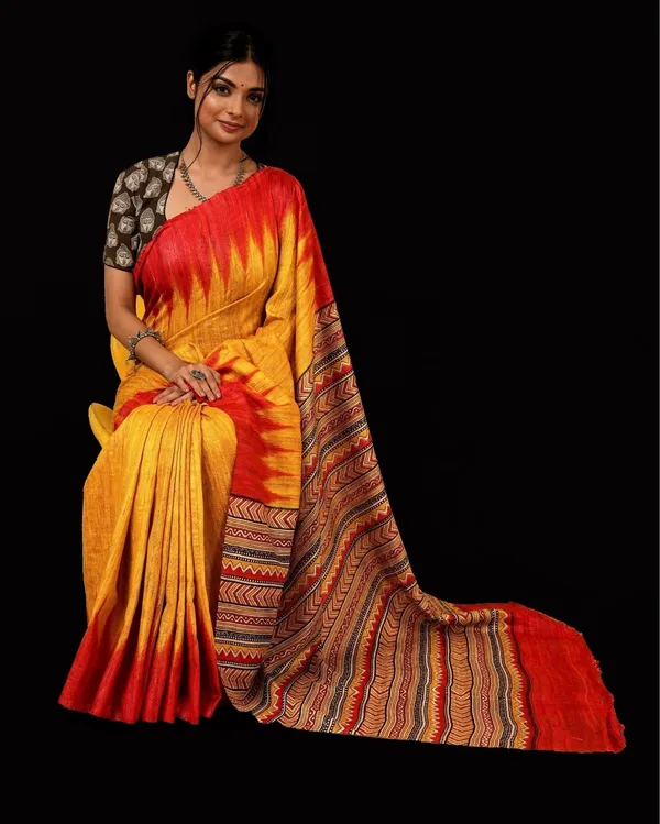 Madhuban_Ki_Kushboo_Mustard_&_Red_Tussar_Silk_Saree