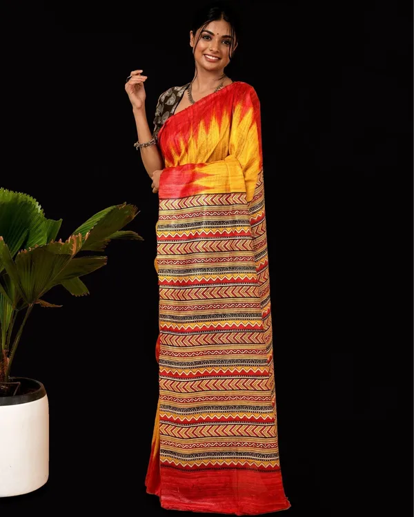 Madhuban_Ki_Kushboo_Mustard_&_Red_Tussar_Silk_Saree