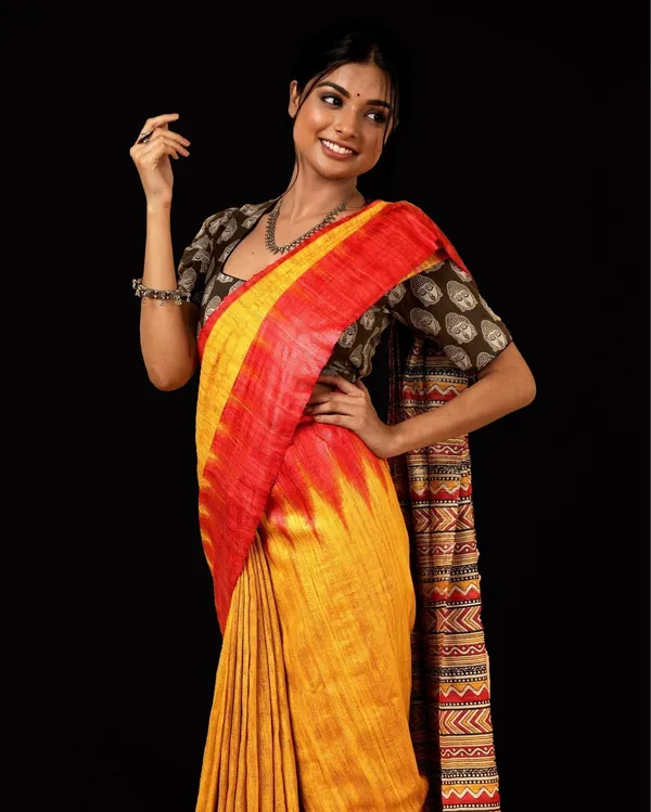 Madhuban_Ki_Kushboo_Mustard_&_Red_Tussar_Silk_Saree