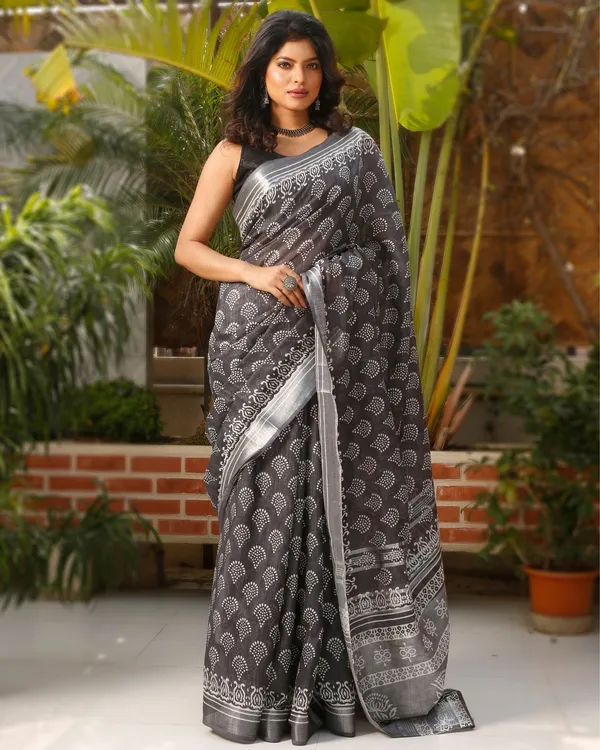 Mudra_Gray_Blockprinted_Saree