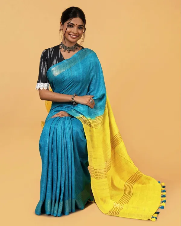 Rangrasiya_Blue_&_Yellow_Silk_Saree