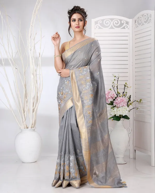 Swarna_Pushp_Gray_Tussar_Silk_Saree