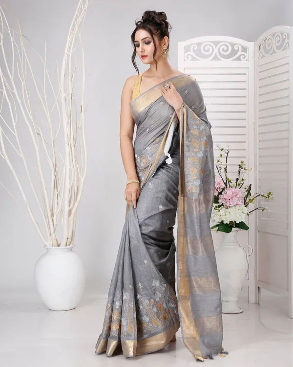 Swarna_Pushp_Gray_Tussar_Silk_Saree