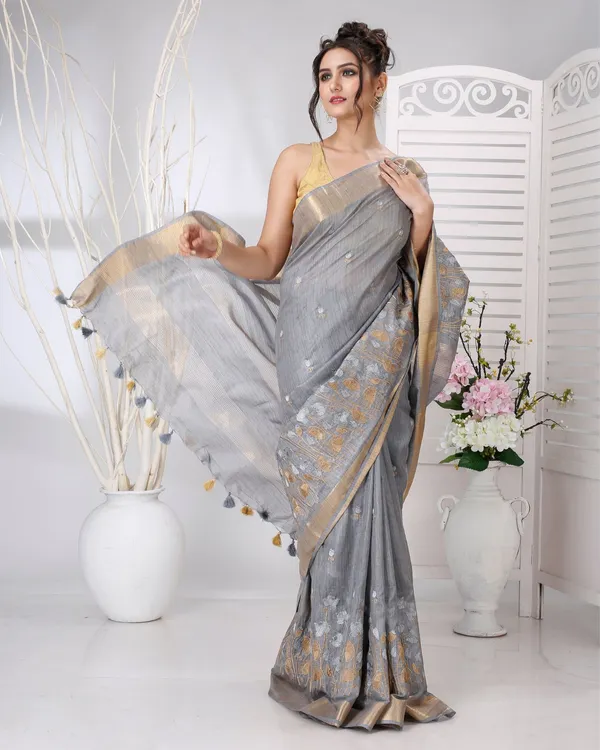 Swarna_Pushp_Gray_Tussar_Silk_Saree
