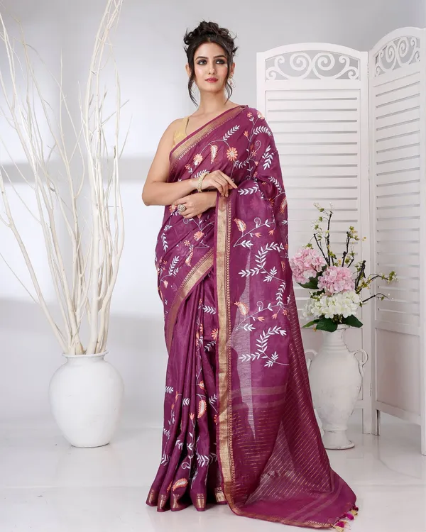 Van_Mala_Berry_Red_Embroidered_Saree