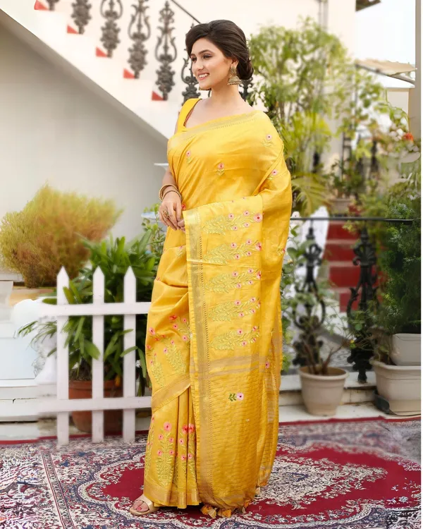 Van_Mala_Mustard_Embroidered_Saree