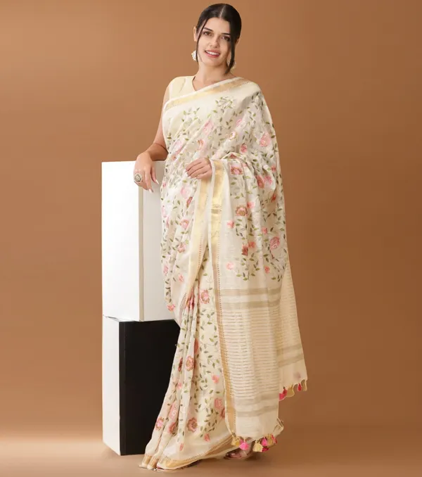 Van_Mala_White_Embroidered_Saree