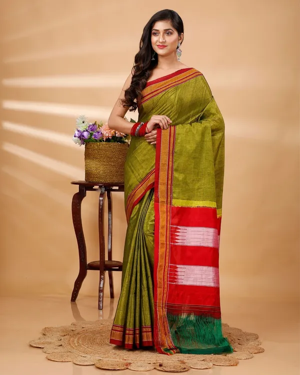 Green_&_Orange_Vintage_Elegance_Silk_Pure_Cotton_Saree