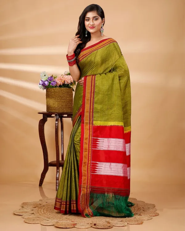 Green_&_Orange_Vintage_Elegance_Silk_Pure_Cotton_Saree