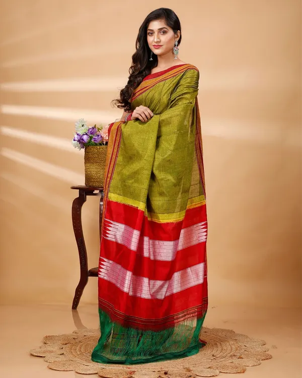 Green_&_Orange_Vintage_Elegance_Silk_Pure_Cotton_Saree