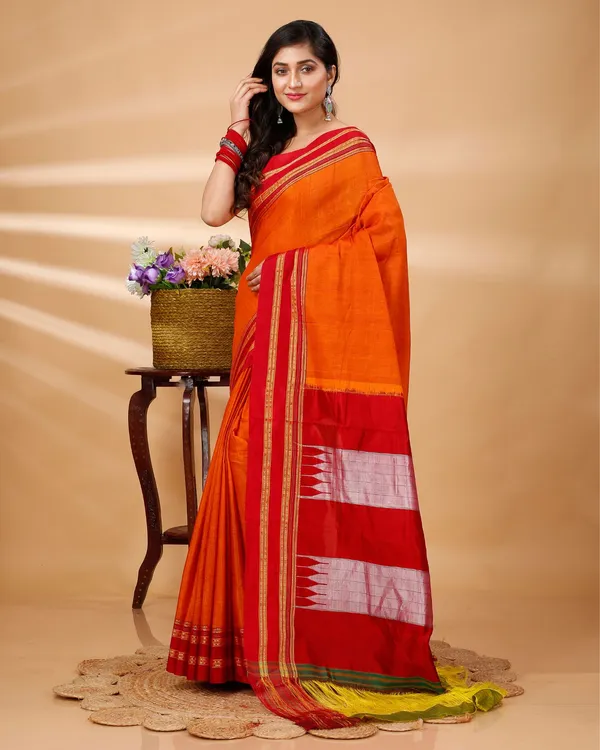 Orange_&_Red_Vintage_Elegance_Silk_Pure_Cotton_Saree