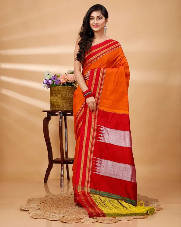 Orange_&_Red_Vintage_Elegance_Silk_Pure_Cotton_Saree