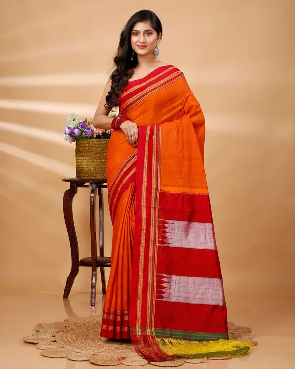 Orange_&_Red_Vintage_Elegance_Silk_Pure_Cotton_Saree