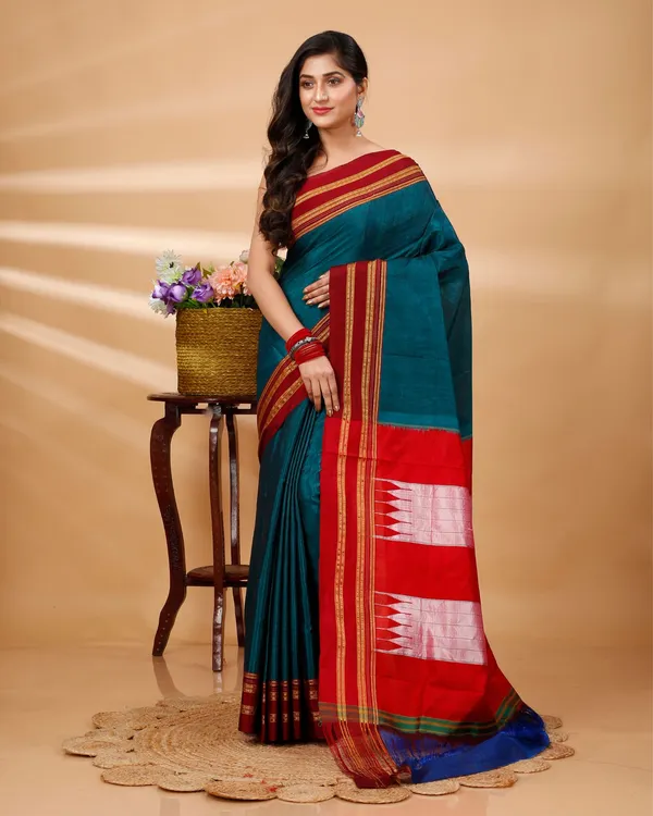 Turquoise_Vintage_Elegance_Silk_Pure_Cotton_Saree