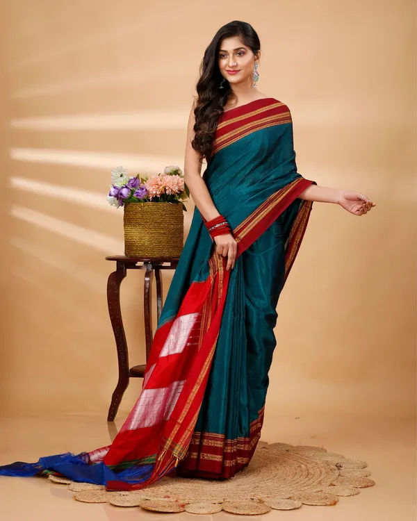 Turquoise_Vintage_Elegance_Silk_Pure_Cotton_Saree