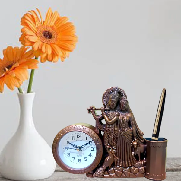 Radha_Krishna_Idol_Murti_Statue_Table_Clock_With_Pen_Holder/Stand